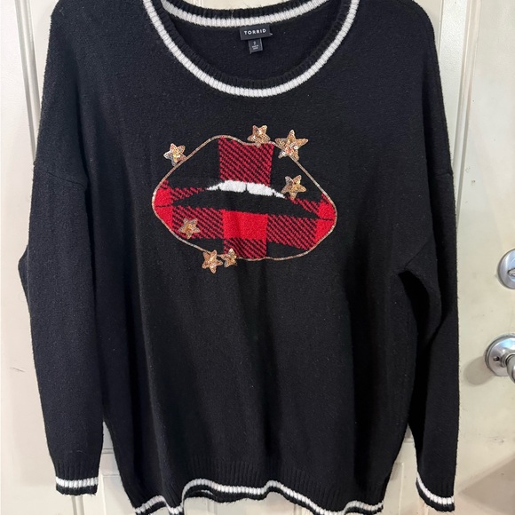 torrid Sweaters - Torrid Black Sweater with Red Plaid lips and Gold Stars